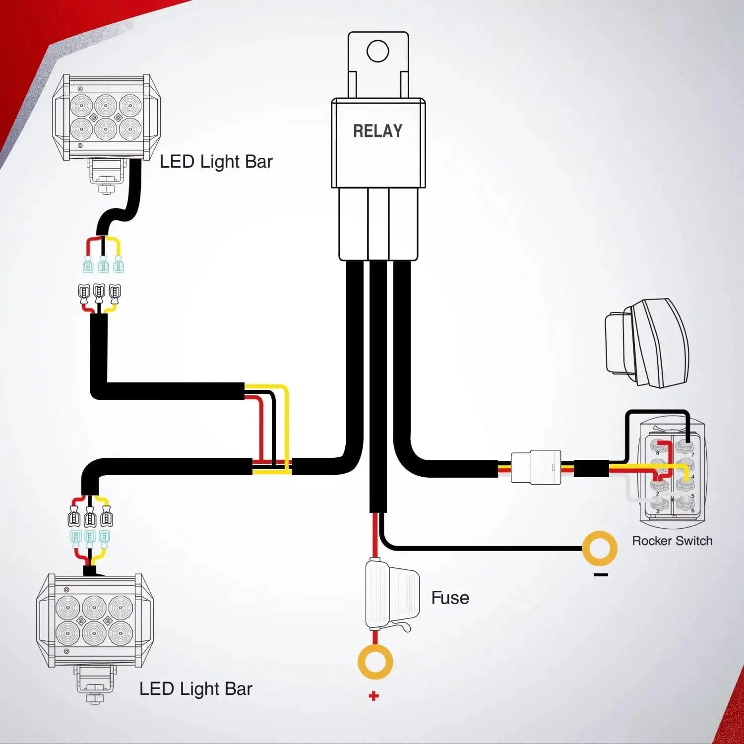 16AWG Amber White Light Bar Wire Harness Kit with 12V 8-Pin Switch, 2 Fuses & 6 Spade Connectors - Perfect for Off-Road, Truck, ATV, and Marine Lighting Installations
