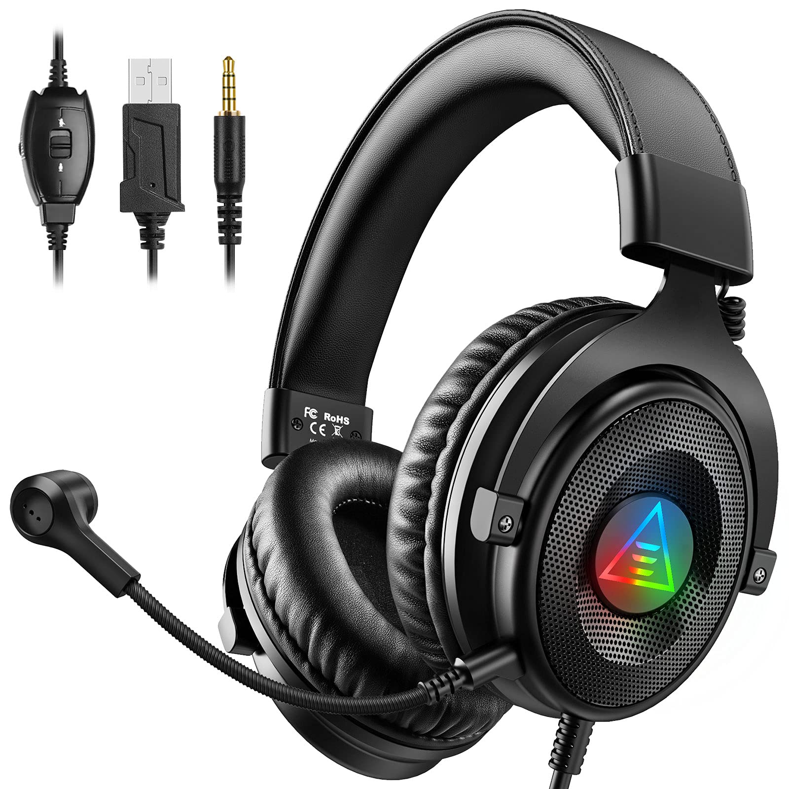 EKSA Pro Gaming Headset with Noise Cancelling Mic, RGB Lighting - Over-Ear USB Headphones for Xbox, Switch, PS4, PS5, PC | Immersive Audio for Competitive Gaming & Streaming