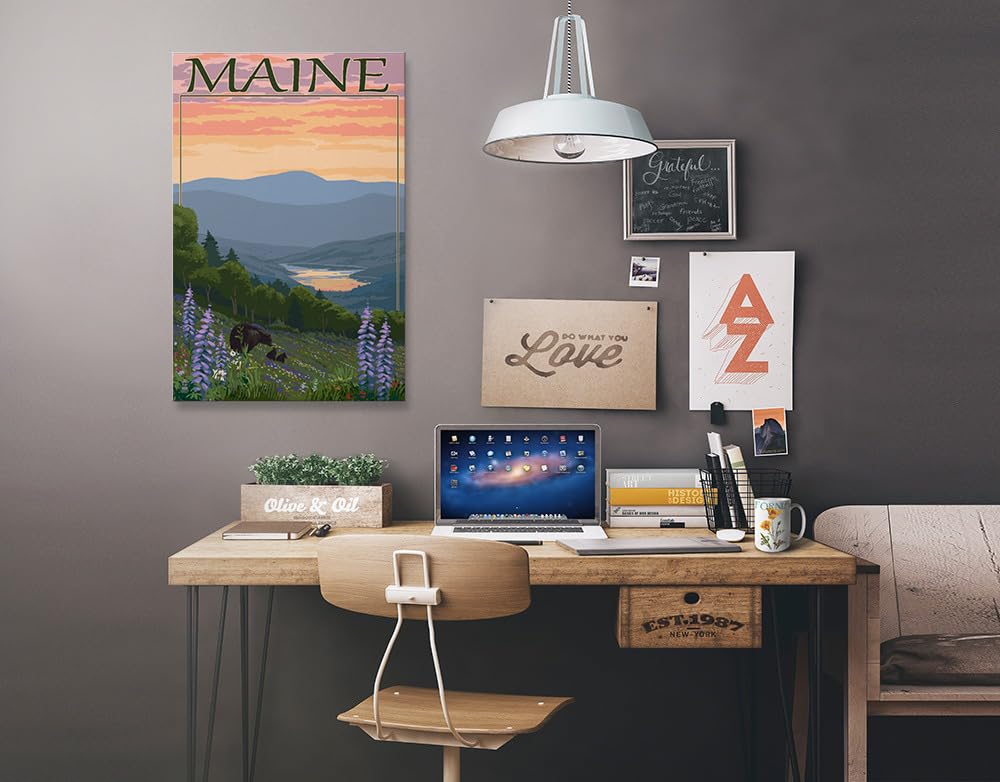 Lantern Press Maine Bear and Cubs in Spring Flowers - 12x18 Wrapped Canvas Wall Art for Home Decor | Perfect for Living Room, Bedroom & Nursery