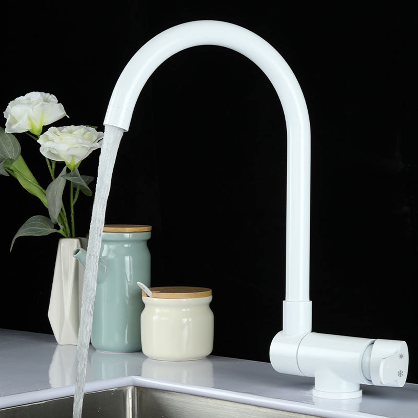Folding Kitchen Mixer Faucets, Front Window Stainless Steel Swivel Cold & Hot Water Sink Faucet, White Kitchen Sink Mixer for Modern & Compact Spaces