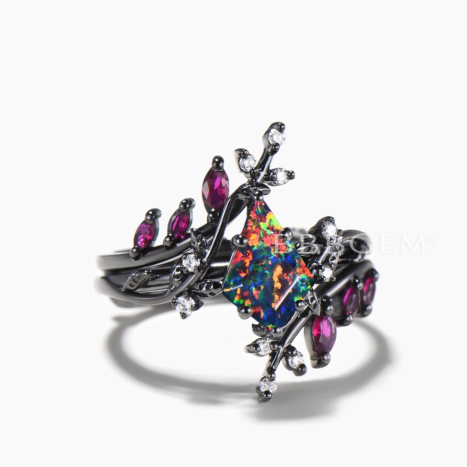 Twig Black Gold Bridal Set - Kite Cut Black Opal Leaf Engagement Ring with Ruby Band - Perfect for Weddings, Anniversaries & Romantic Gifts