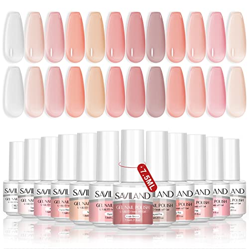 Saviland 12 Colors Sheer Jelly Nudes Pink White Gel Nail Polish Set - Soak Off UV LED Starter Kit for Nail Art & French Manicure | Sweet Heart Series for Salon & Home DIY | Perfect for Bridal, Party & Everyday Nail Designs