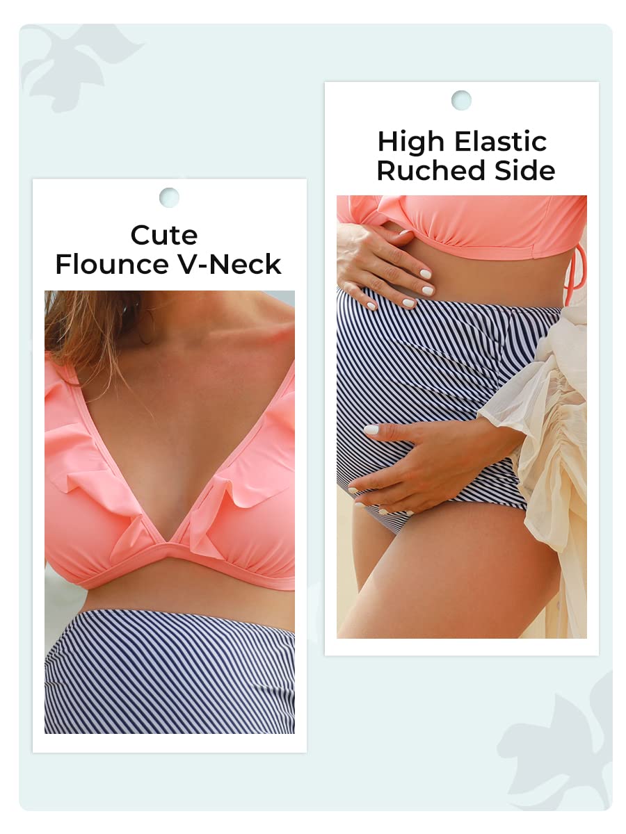 Summer Mae Maternity High Waist Swimsuit Two Piece - Floral Ruffle Bikini Set with V-Neck for Pregnancy Swimwear | Perfect for Beach Vacations, Pool Parties & Maternity Photos