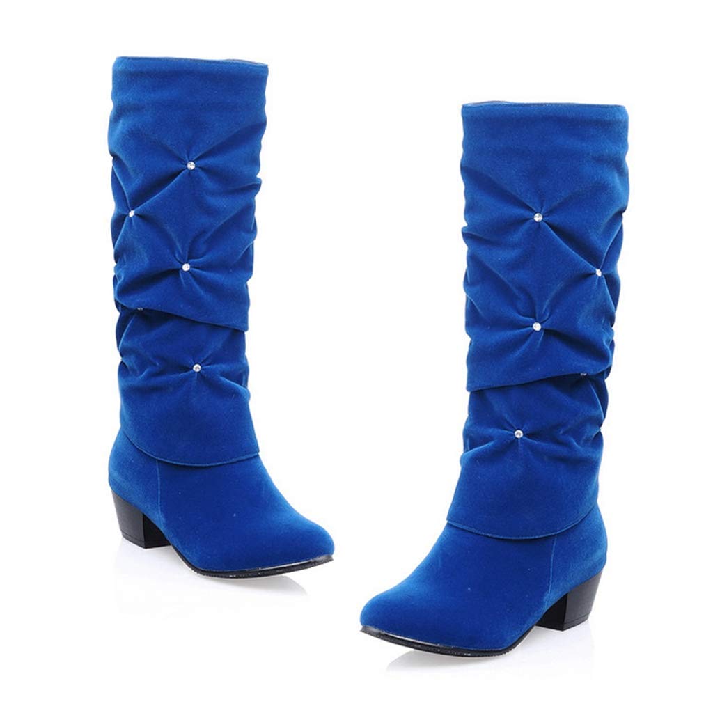 MIOKE Women's Rhinestone Round Toe Suede Riding Boots - Mid Calf Slouch Dress Boots with Low Heel for Comfort & Style | Perfect for Casual Outfits, Office Wear & Winter Fashion