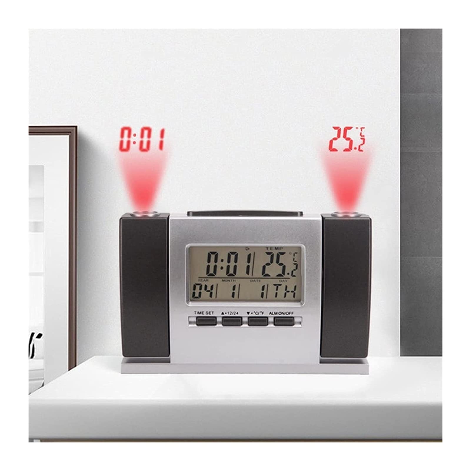 HHWKSJ Digital Alarm Clock with Ceiling Projection - Dual Alarms, USB Charger, Temperature & Humidity Display, Large LED Mirror - Perfect for Bedrooms, Home Office & Travel Use