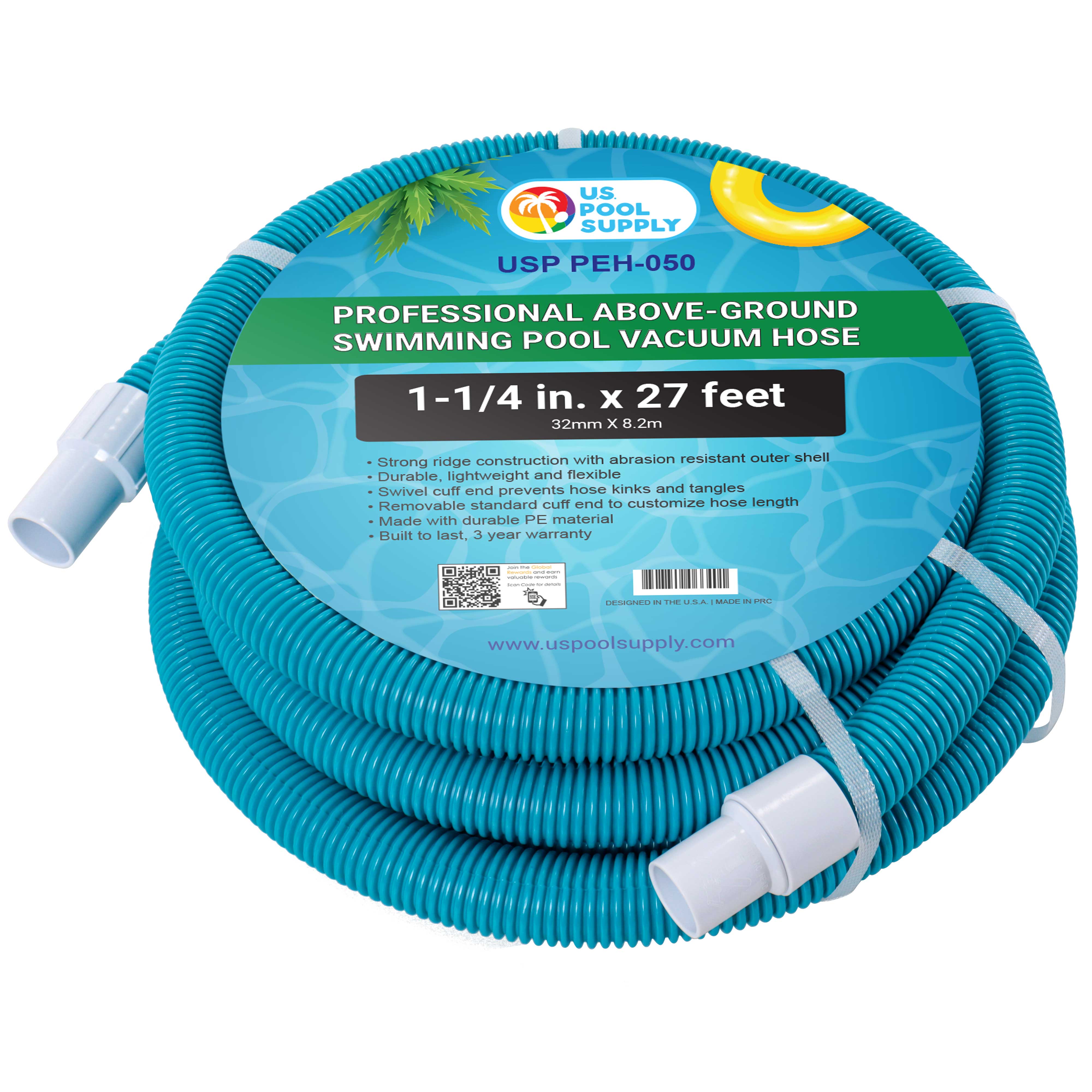 U.S. Pool Supply® 1 1/4 x 27 Foot Professional Above Ground Swimming Pool Vacuum Hose with Swivel Cuff - Removable Cuff, Cut to Fit for Filter Pumps | Durable Pool Cleaning Accessory for Inground & Above Ground Pools