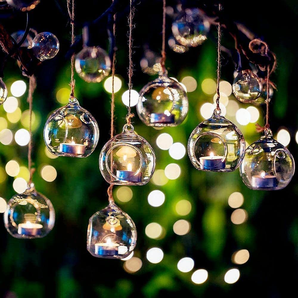 18 Pcs Clear Hanging Glass Candle Holders with LED Lights - 3.15