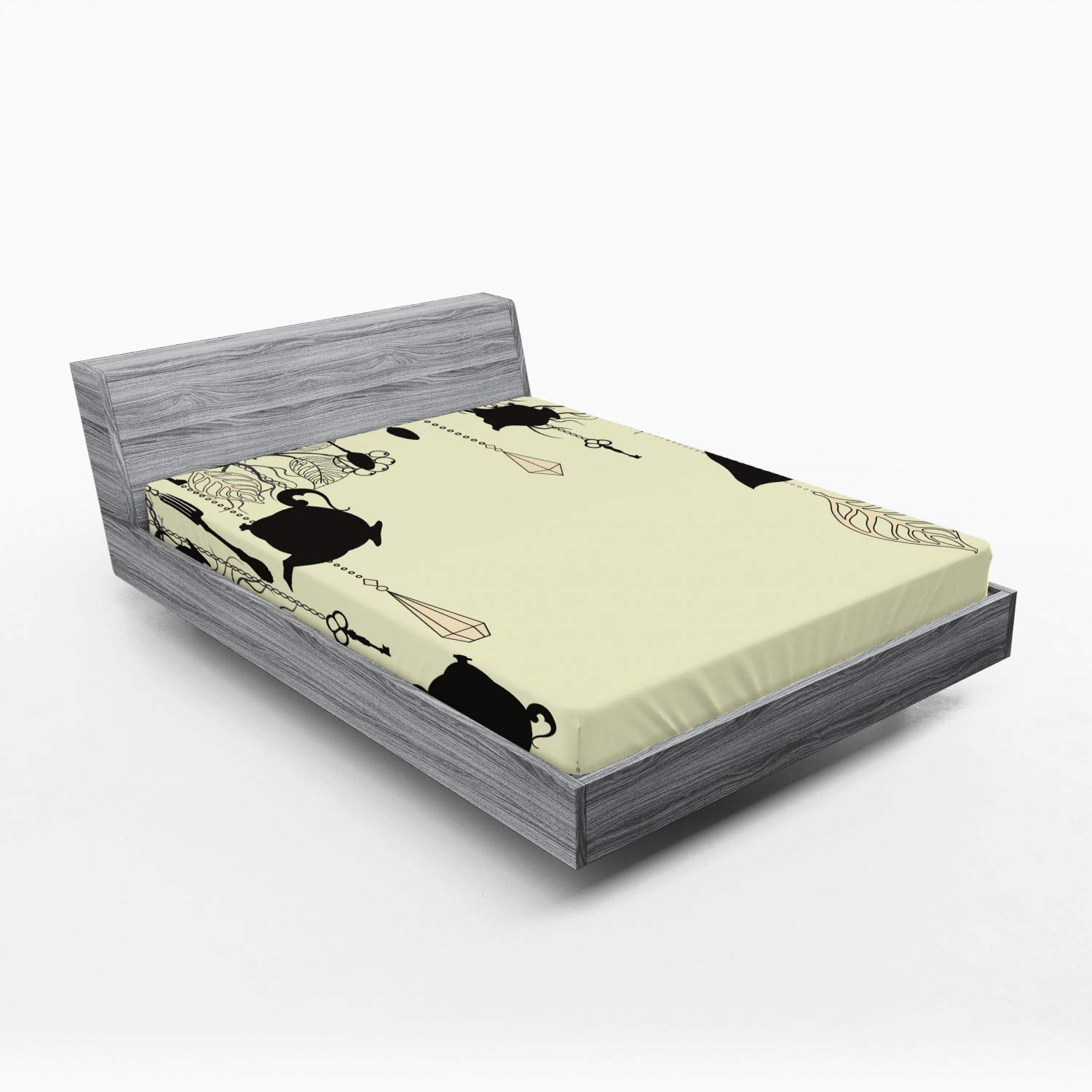 Ambesonne Vintage Tea Party Fitted Sheet - Queen Size Deep Pocket Bed Cover with All-Around Elastic in Avocado Green & Black - Diamond Forks Spoons Cups Leaves Tree Branch Art Design - Perfect for Guest Rooms, Themed Bedrooms & Cozy Vintage Decor