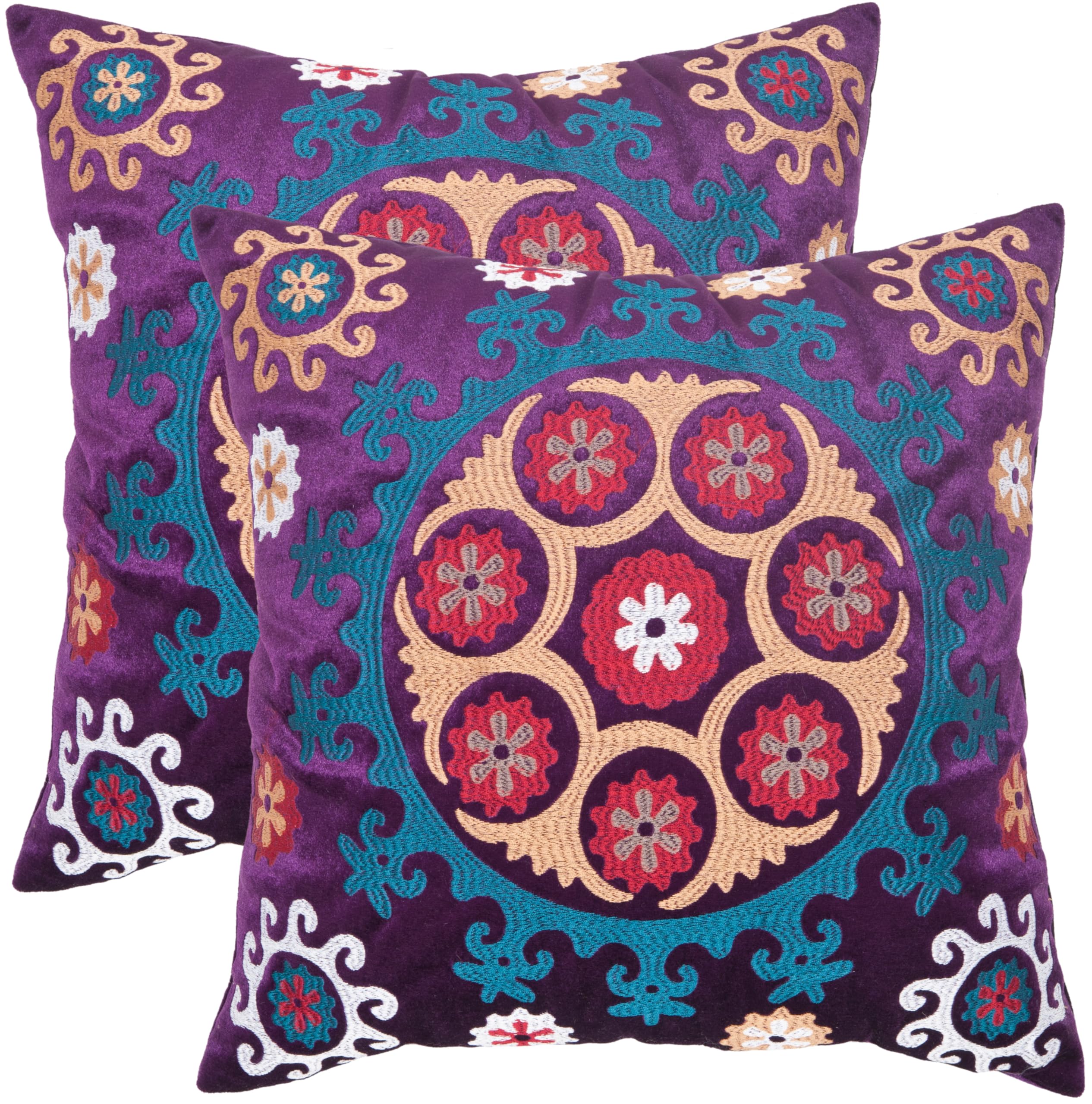 SAFAVIEH Vanessa Decorative Throw Pillows Set of 2 - 22 Inch Square Gold & Purple Cushion Covers for Sofa, Bed, Living Room - Luxury Home Decor Accent Pillows
