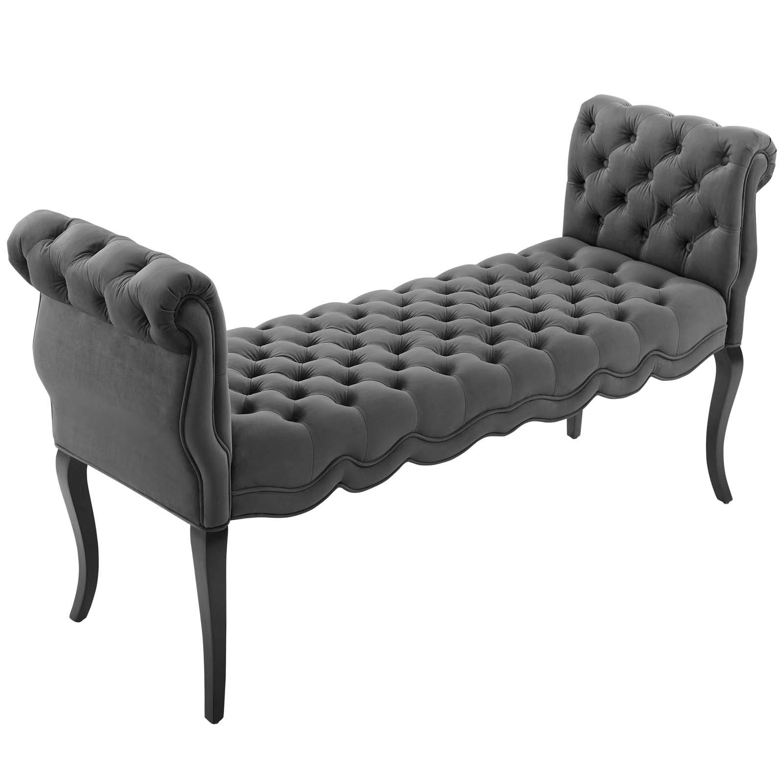 Modway Adelia Chesterfield Style Performance Velvet Entryway Bench in Gray - Elegant Sofa Bench for Living Room, Bedroom & Hallway Decor
