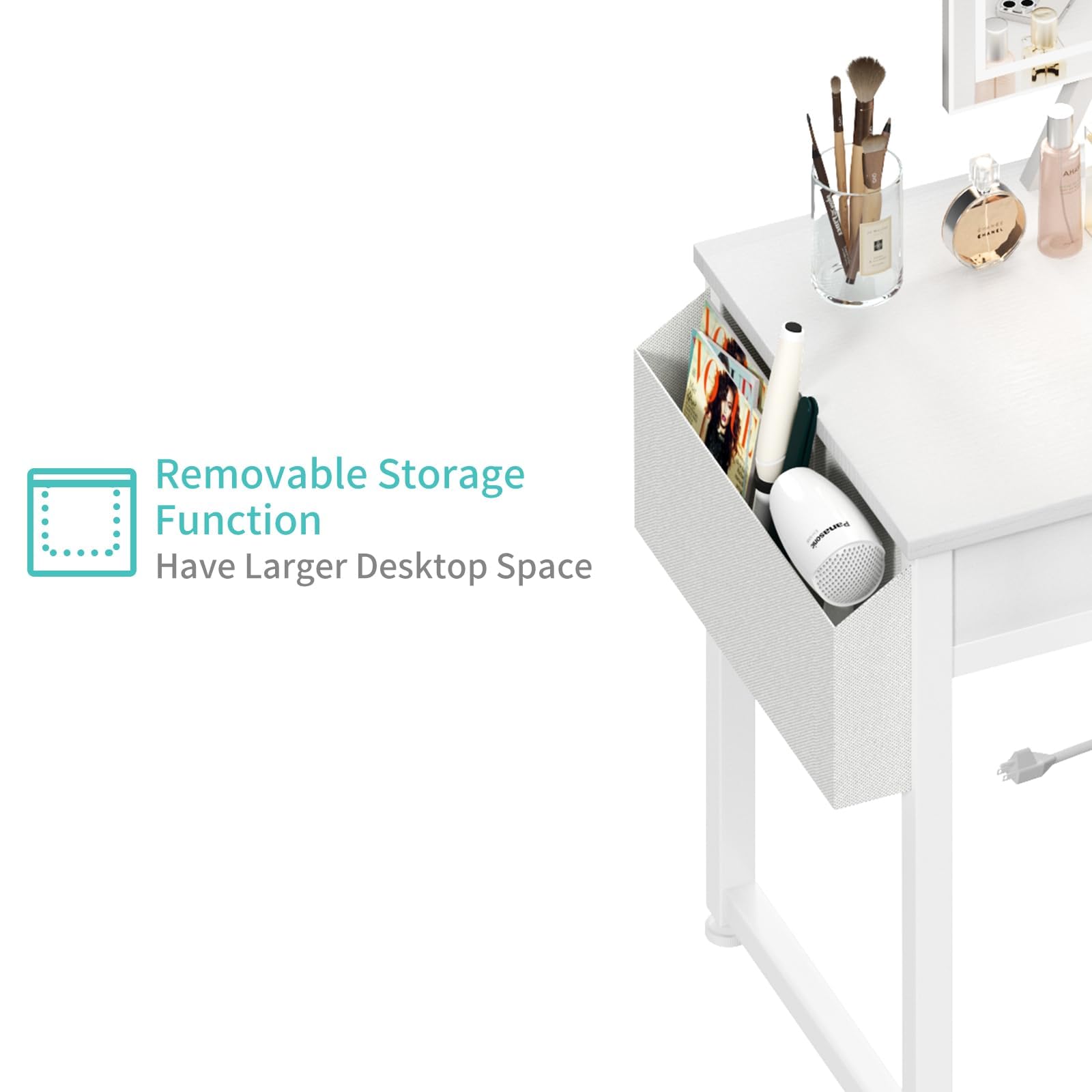 Lufeiya 32 Inch White Makeup Vanity Desk Set with Mirror, Lights & Fabric Drawers - Dressing Table with Chair & Power Outlet for Girls Bedroom - Perfect for Makeup, Skincare & Hair Styling