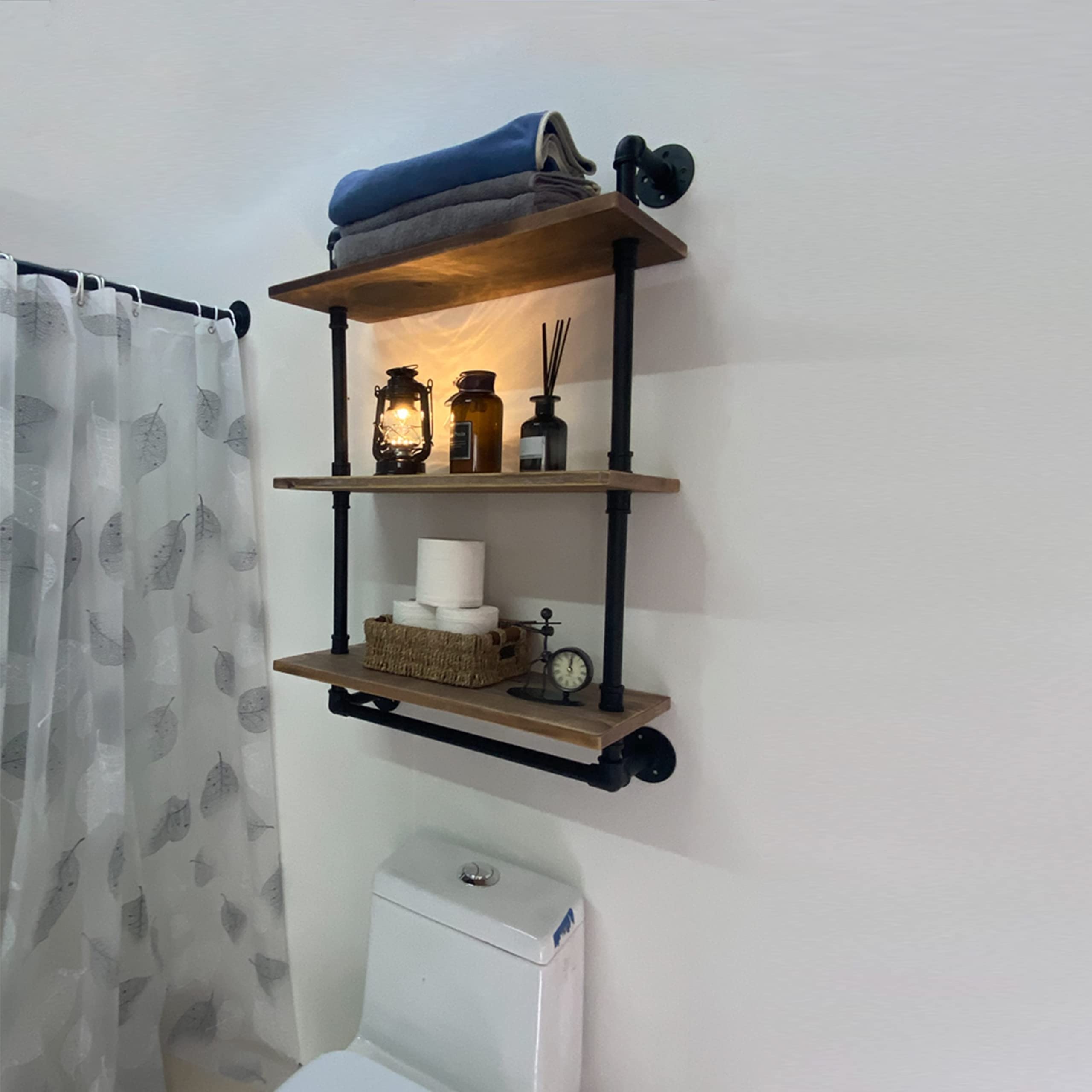 ROGMARS 24 Inch Industrial Pipe Shelving - Rustic Floating Wall Shelf with Towel Bar & Hooks, 3-Tier Bathroom Storage Shelf for Towels, Decor & Organizing | Perfect for Small Spaces, Laundry Rooms & Farmhouse Style Homes