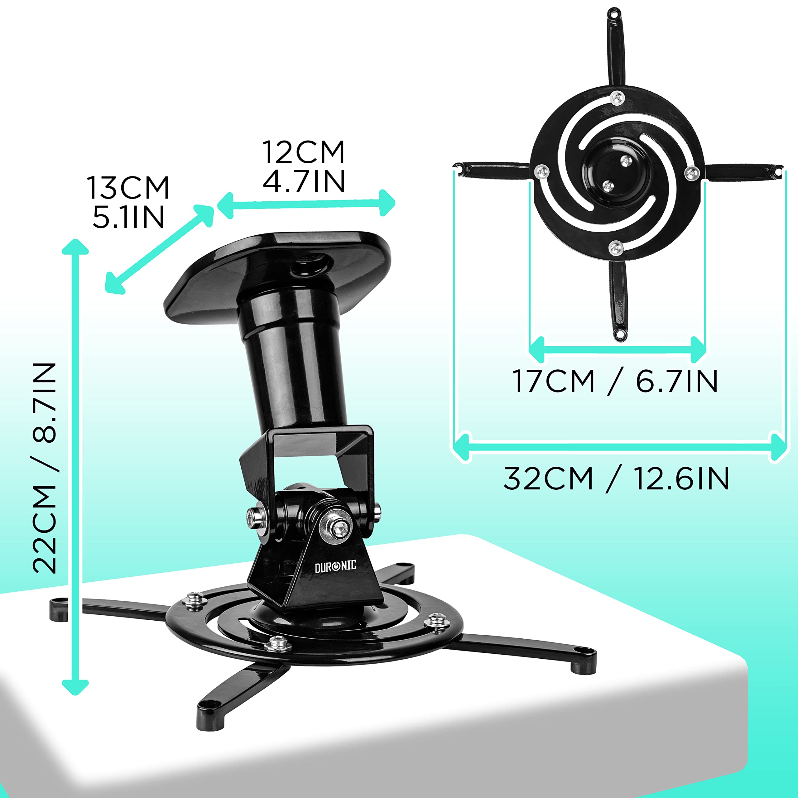 Duronic PB01XB Universal Projector Mount Stand - Adjustable Ceiling & Wall Bracket with 360° Swivel Rotation | 10kg Heavy Duty Support | Black | Perfect for Home Theater, Classroom & Office Presentations