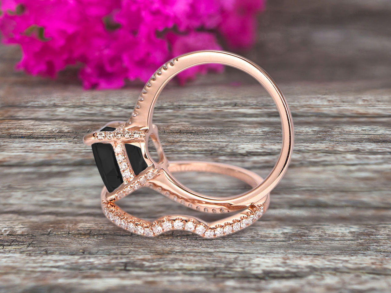 2Pcs Wedding Ring Set - 1.75 Carat Black Cushion Cut Moissanite Engagement Ring & 10k Rose Gold Curved Wedding Band for Brides | Anniversary, Proposal, Valentine's Day Gift