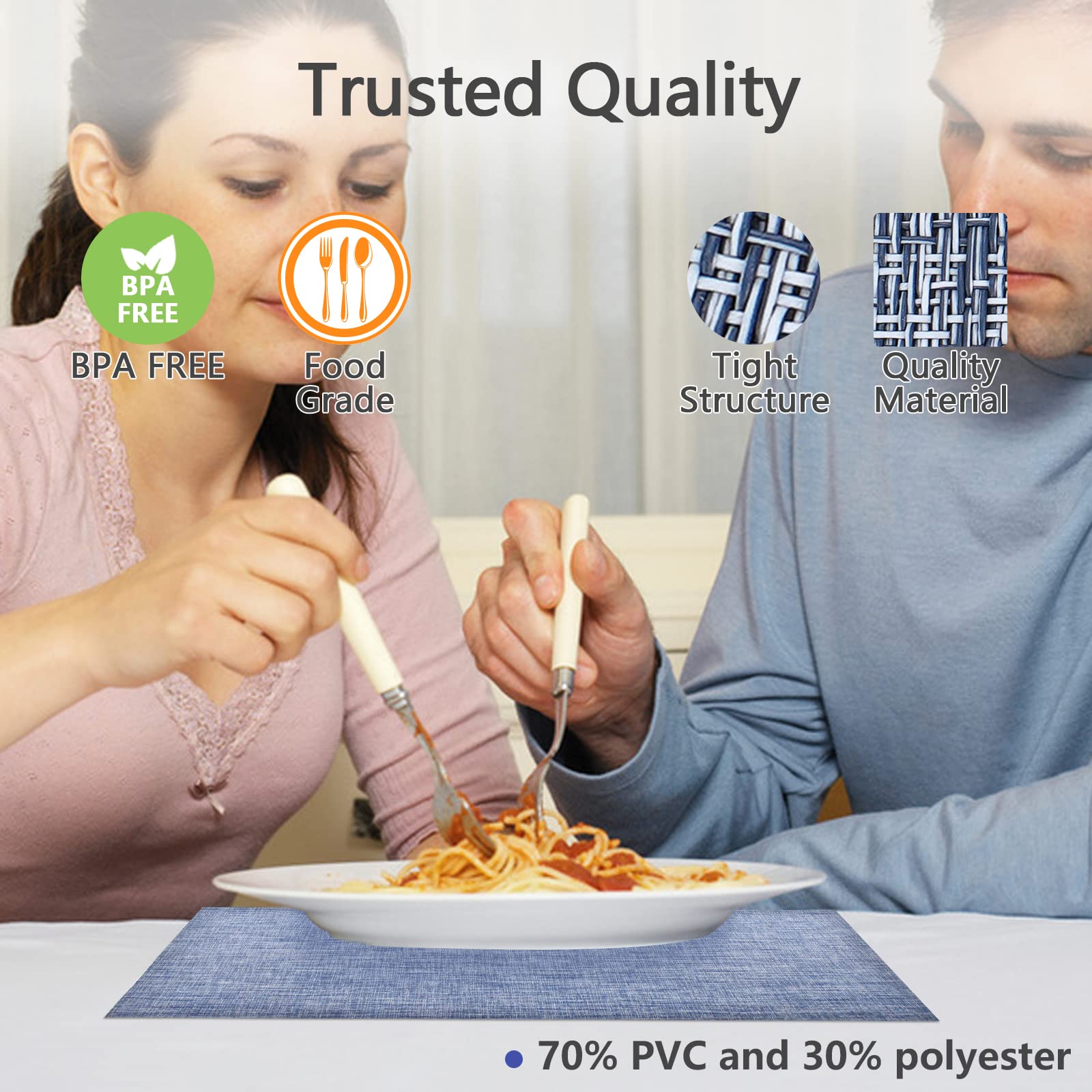 6-Pack Woven Vinyl Placemats for Dining Table - Waterproof & Washable Indoor/Outdoor Placemat Set (Blue) - Perfect for Kitchen, Patio, Picnic & Party Use