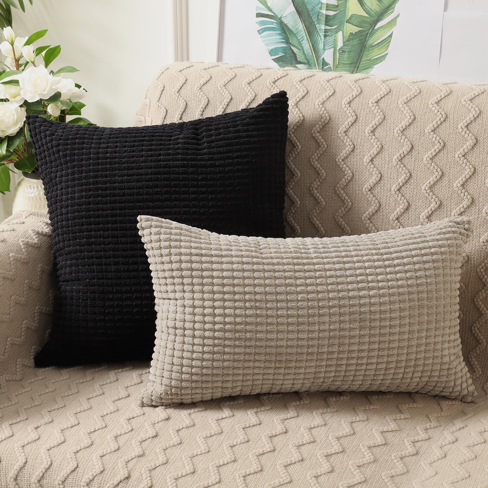 BeBen 24x24 Inch Corduroy Throw Pillow Covers Set of 2 - Soft Square Decorative Cushion Covers for Couch, Sofa, Bed, Bedroom & Car - Black Home Decor for Cozy Living Room & Modern Interior Design