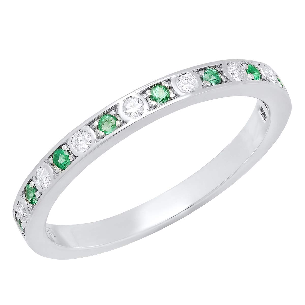 10K White Gold Round Emerald & Diamond Stackable Wedding Band for Women - Anniversary, Engagement, Bridal Jewelry Gift - Perfect for Stacking, Everyday Wear & Special Occasions
