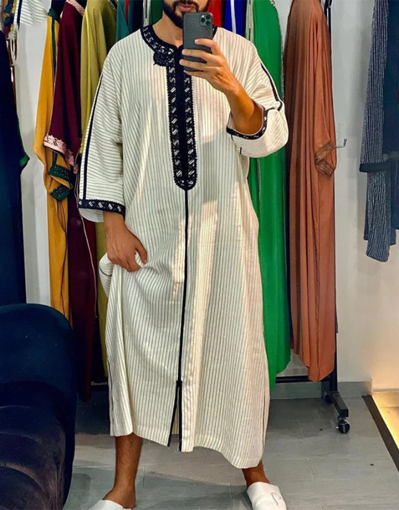 Authentic Moroccan Kaftan for Men - Arabic Inspired Long Striped Dress | Modest Muslim Clothing for Prayer, Eid & Special Occasions