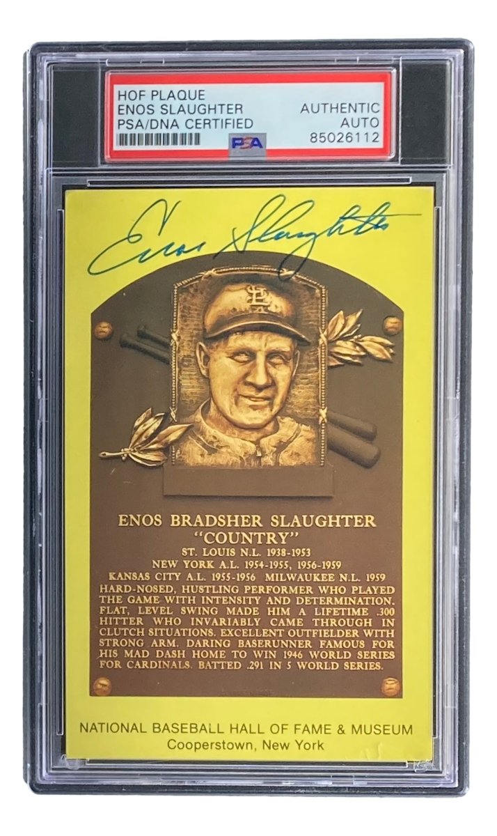 Enos Slaughter Autographed 4x6 St. Louis Cardinals HOF Plaque Card - PSA/DNA Certified - Perfect for Baseball Memorabilia Collections & Sports Fan Gifts
