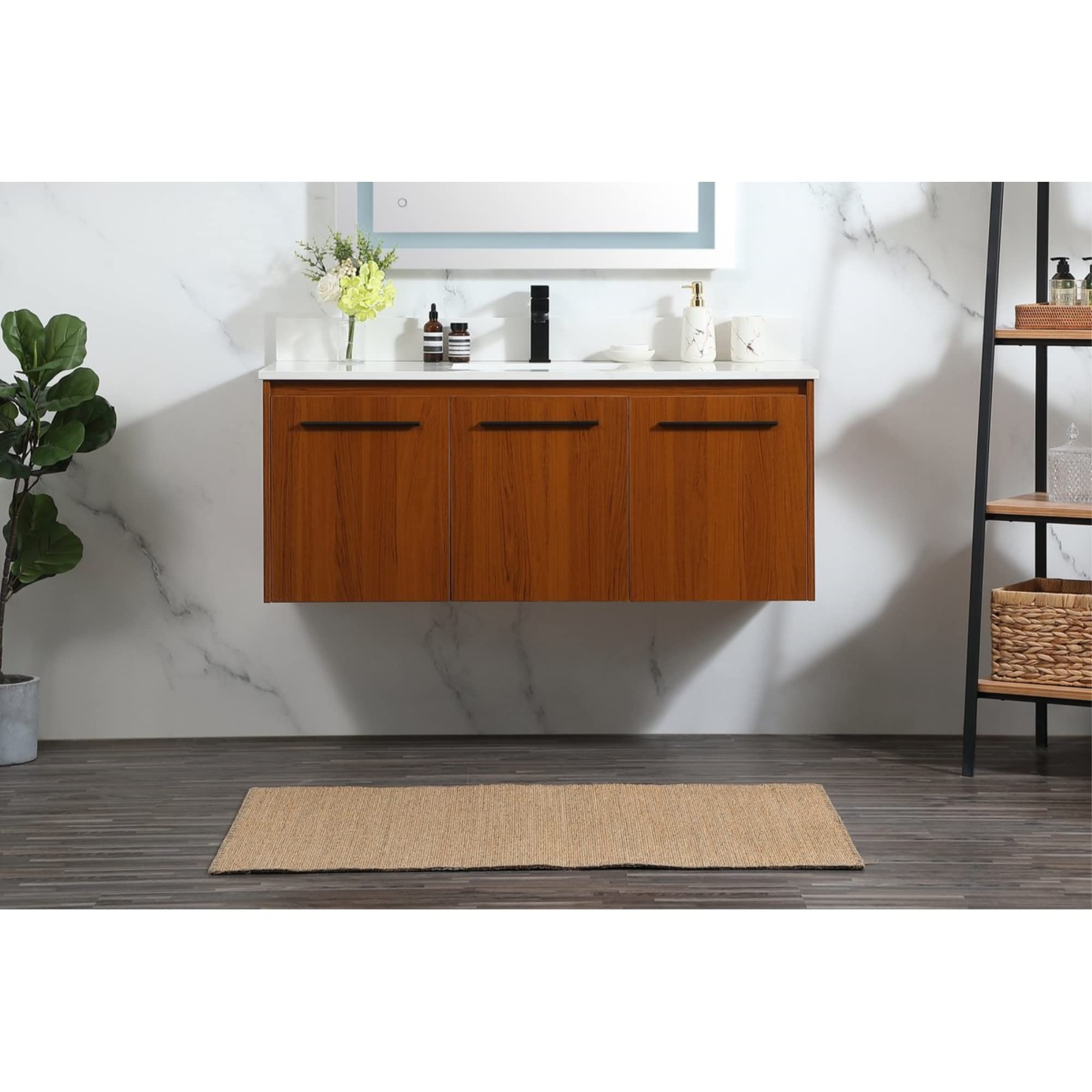 48 Inch Teak Single Bathroom Vanity with Backsplash - Modern Waterproof Bathroom Cabinet for Small Space, Perfect for Apartments and Condos