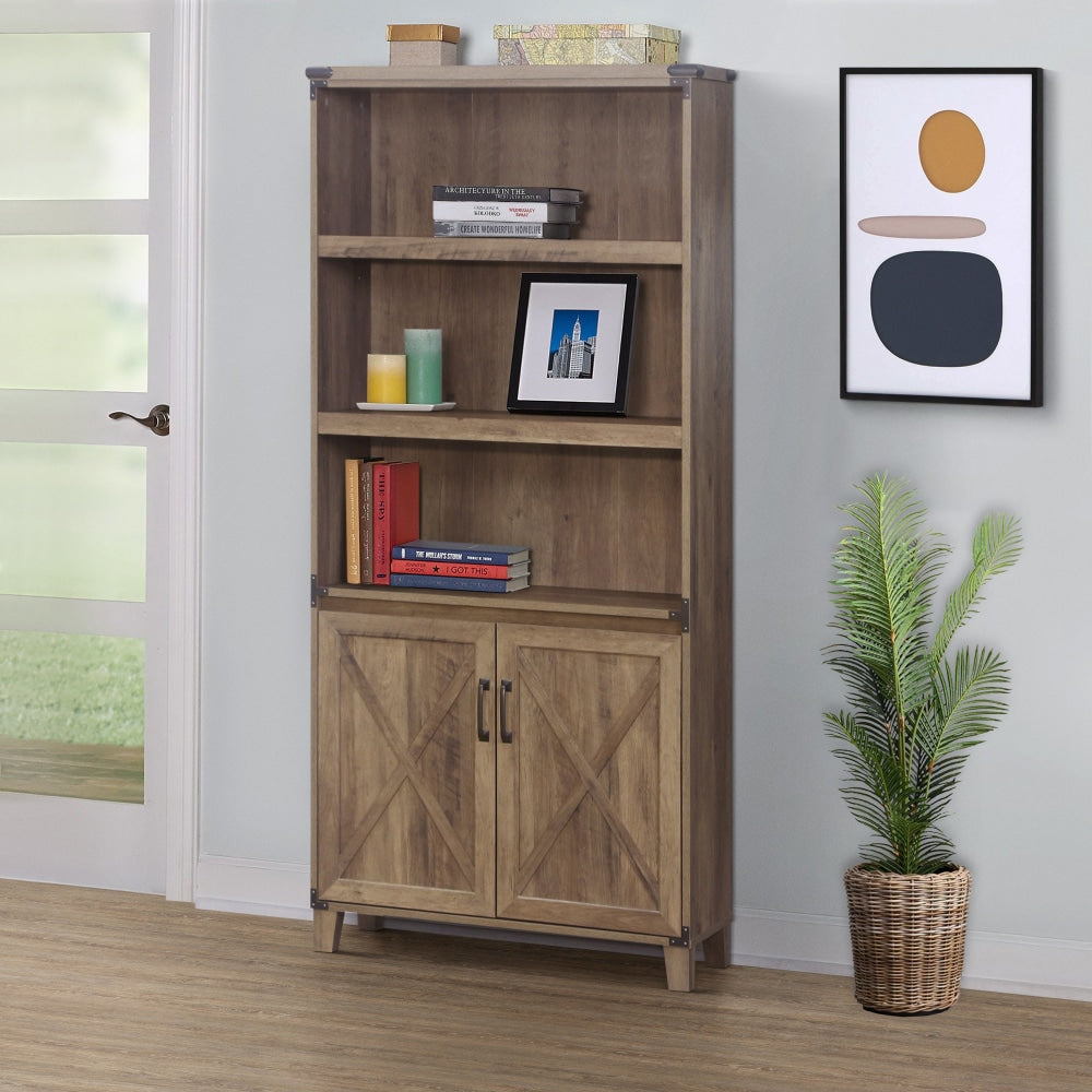 5-Tier Rustic Oak Bookcase with Doors - Sturdy Bookshelf Storage Cabinet for Living Room, Office & Bedroom Organization