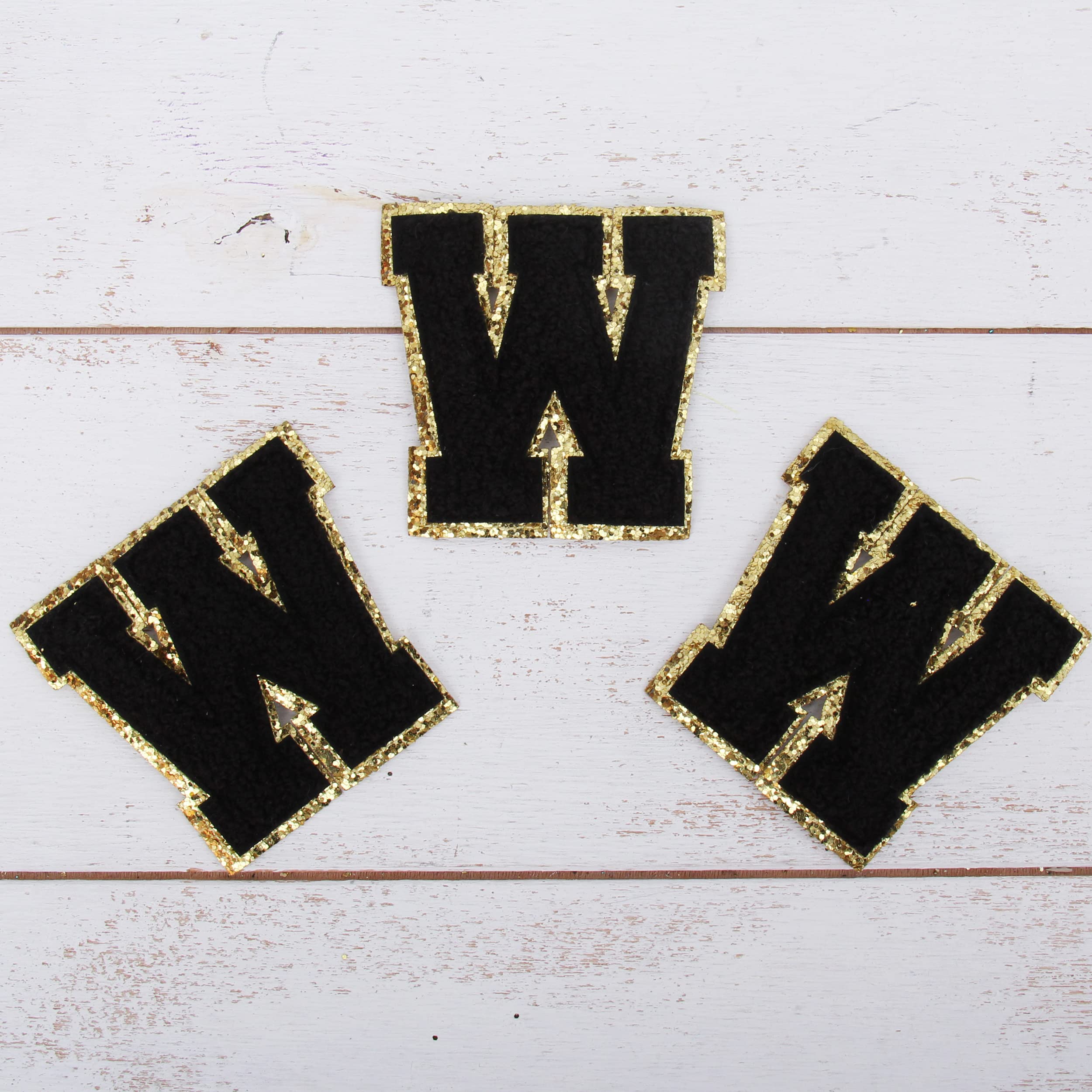 3 Pack Black Chenille Iron On Glitter Varsity Letter Patches - 8cm Tall 