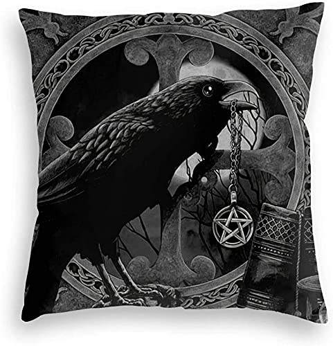 Wiccan Raven Black Throw Pillow Covers 18x18 Inch - Cotton Linen Cushion Cases for Sofa, Bedroom, Home & Car Decor - Gothic Witchcraft & Pagan Style Home Accessories