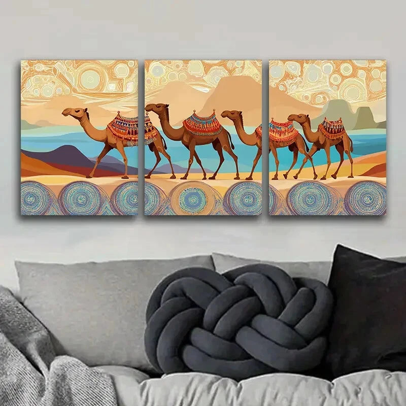 3-Piece Desert Sunset Wall Art - Metal Print with Camels & Dunes, Ready to Hang - Perfect for Living Room, Bedroom & Office Decor