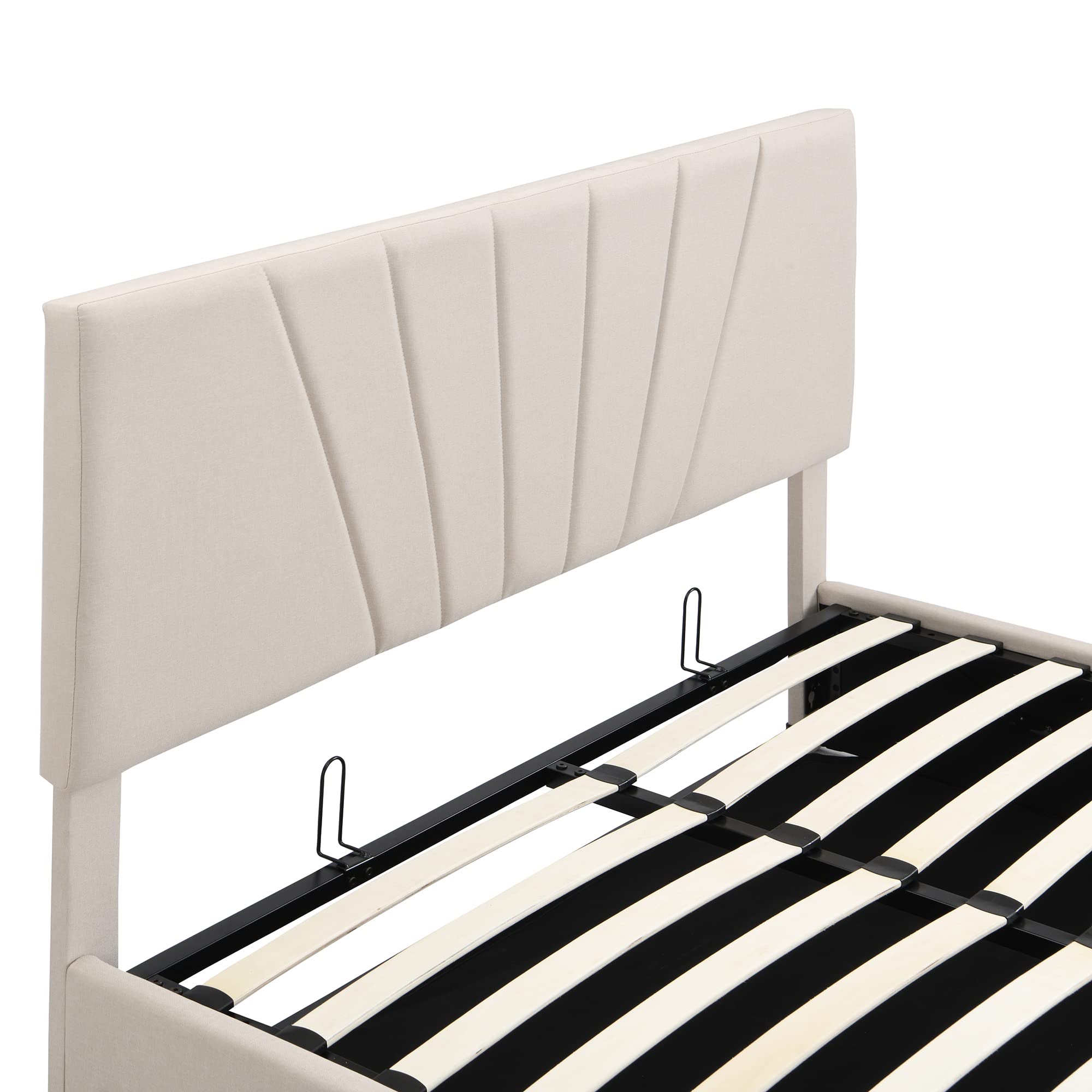 Upholstered Full Bed Frame with Underbed Storage | Gas Lift Hydraulic System | Adjustable Headboard | Beige | Perfect for Small Bedrooms, Guest Rooms & Dormitories