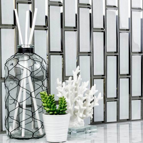 White 2x6 Glass Subway Tile with Inverted Bevel Mirror - Perfect for Kitchen Backsplash, Bathroom Walls & Modern Interior Design