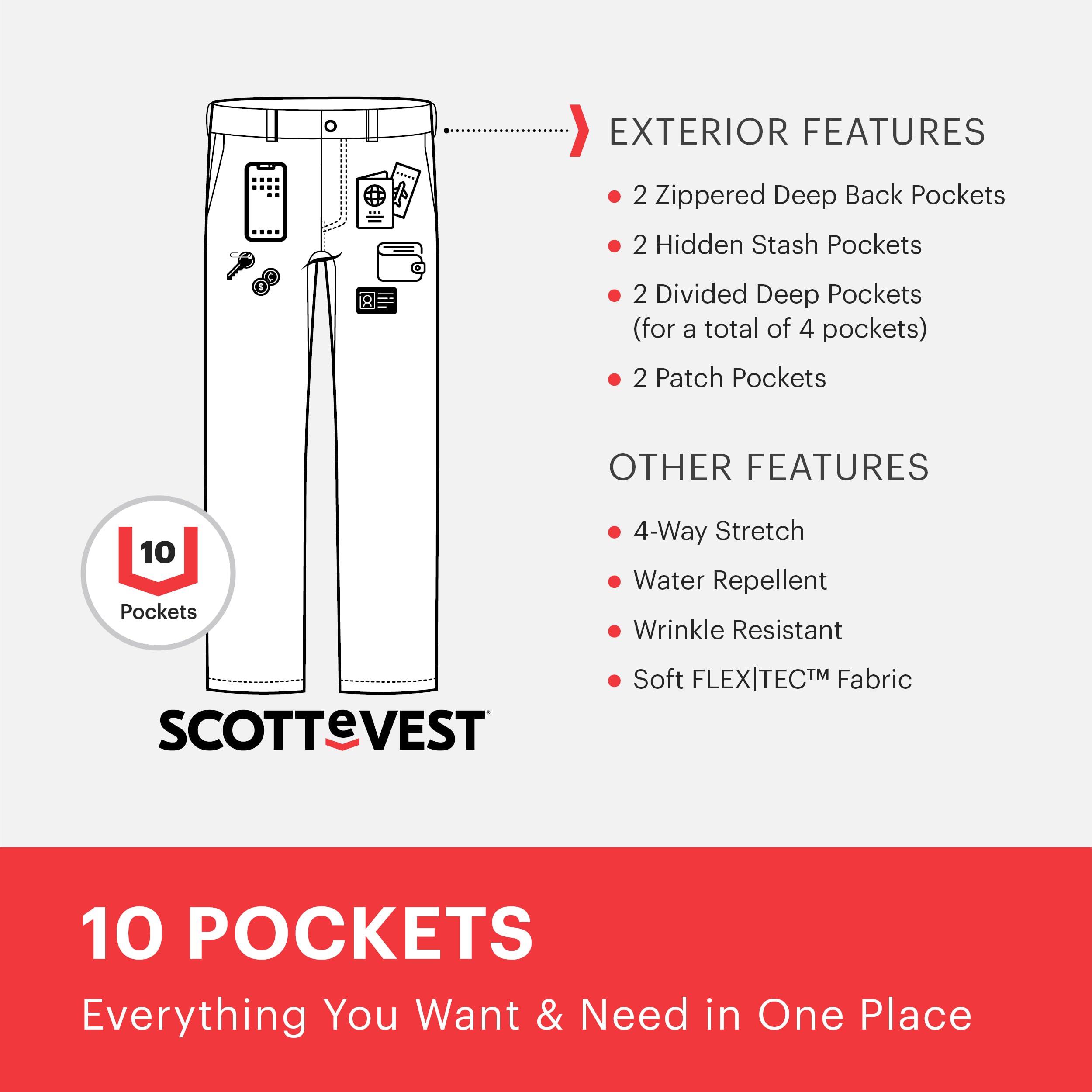 SCOTTeVEST Men's Covert Cargo Chino Pants with 10 Hidden Pockets - Water Repellent Travel Pants for Hiking, Business & Everyday Wear