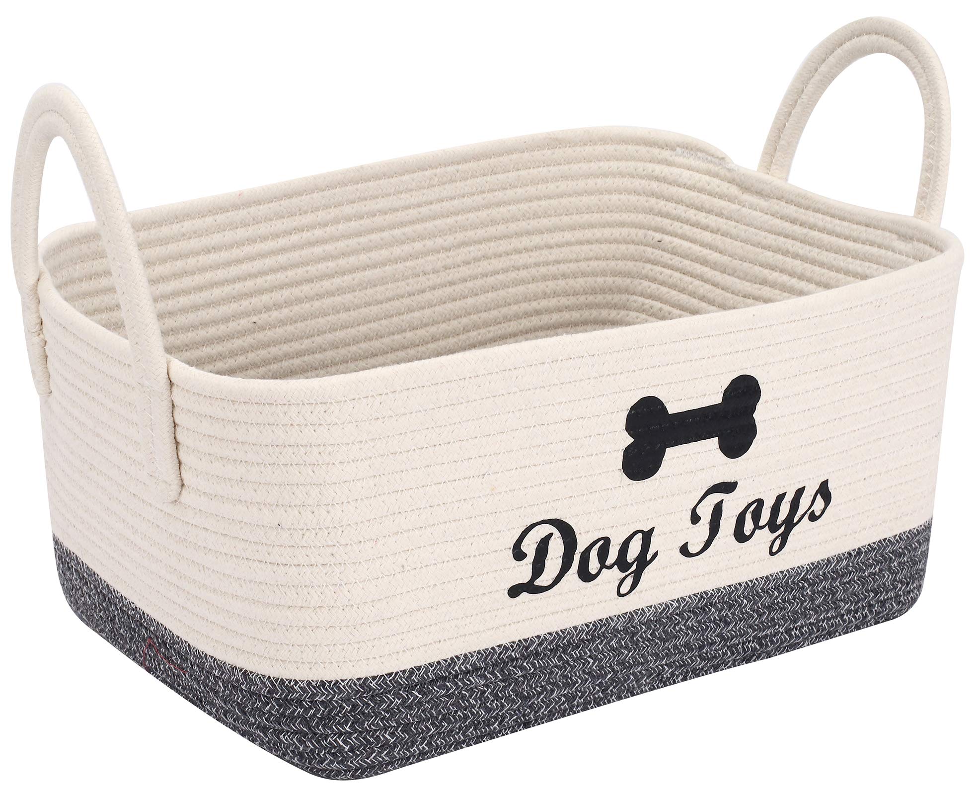 Brabtod Cotton Rope Basket with Long Handle - Dog Toy Storage Bin for Blankets, Nursery & Living Room Organization - Beige/Dark Gray Mix | Perfect for Pet Toys, Baby Essentials & Home Decor