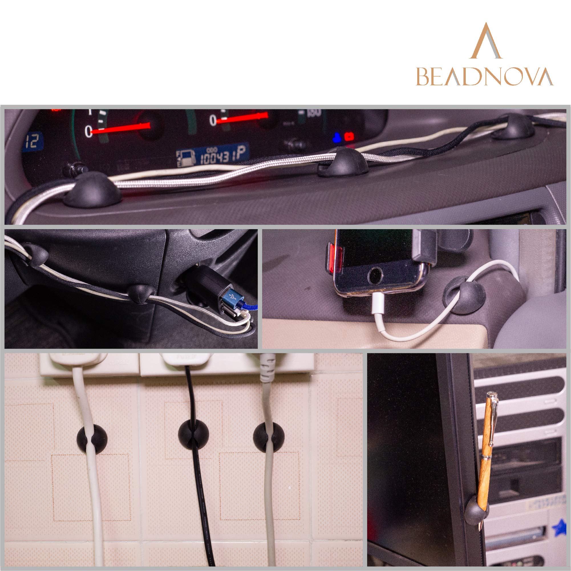 BEADNOVA Cable Organizer Clips - 4 Pack Black Cord Holders for Desk Wire Management - Perfect for Computer, Home Office, and Workspace Organization