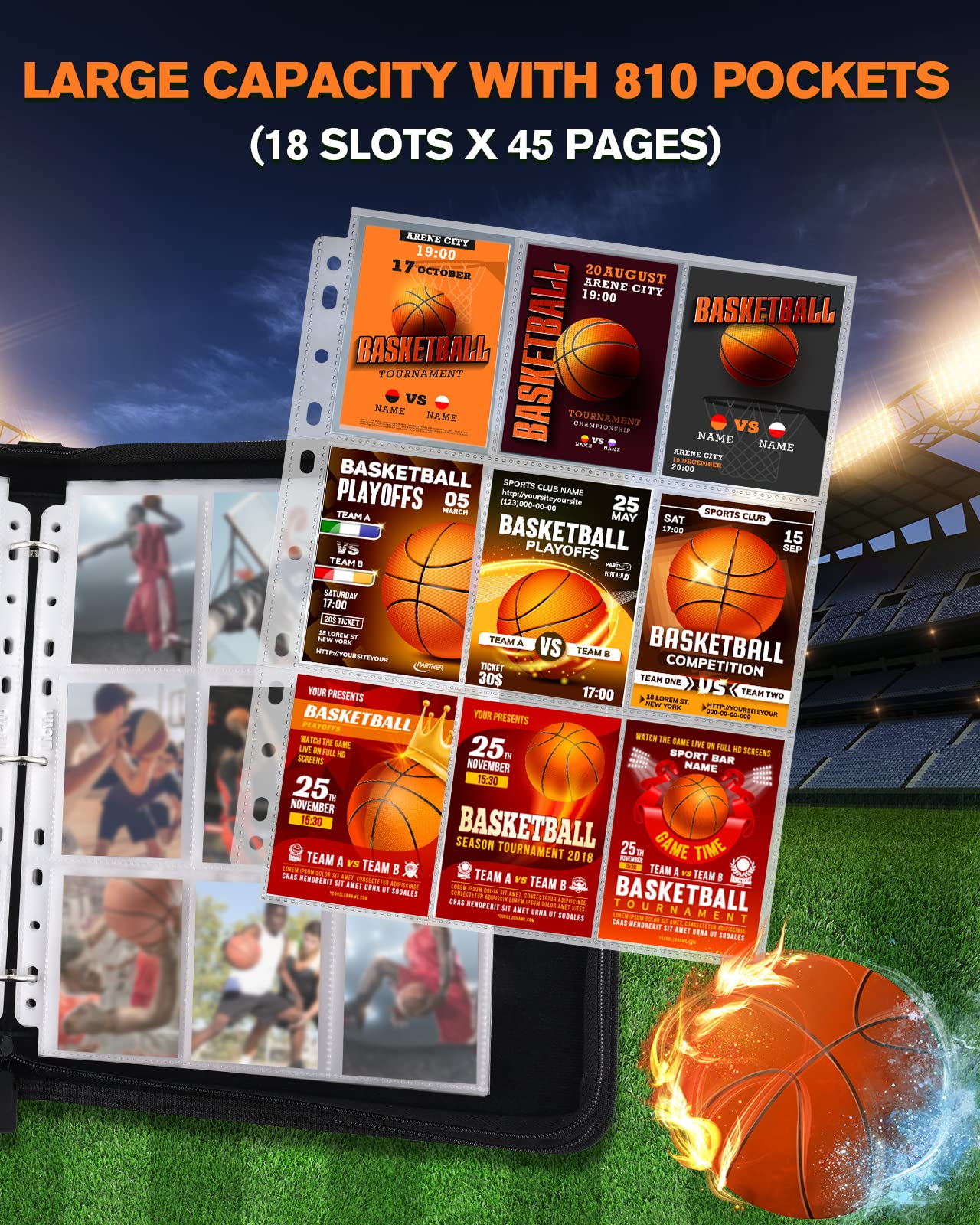 Lictin 810-Pocket Basketball Card Binder - Premium Trading Card Album with 45 Removable Sleeves for Collectors | Perfect for Sports Memorabilia Storage & Trading Card Organization