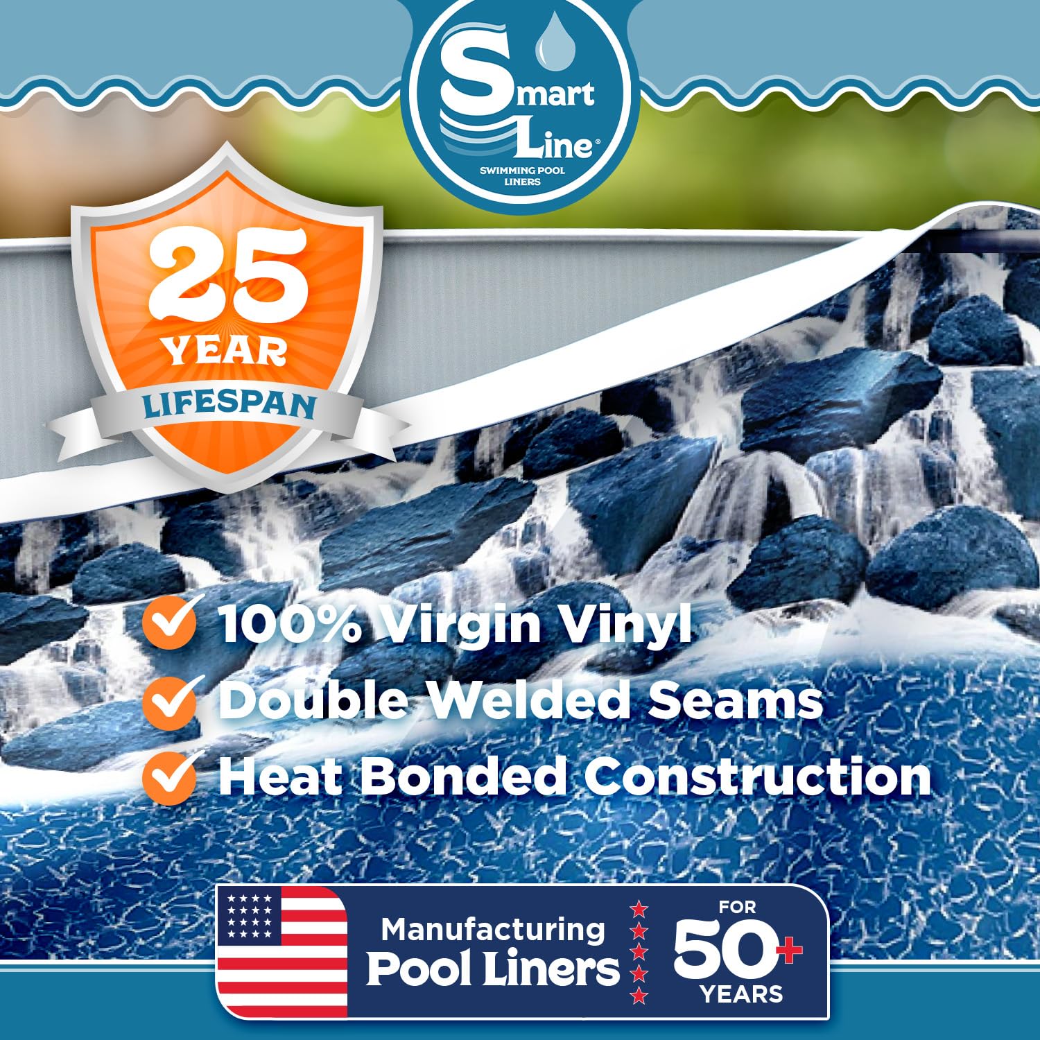 Smartline 15 ft x 24 ft Oval Above Ground Pool Liner - Heavy Duty 25 Gauge Virgin Vinyl | Waterfall Design | Overlap Style | 48-52 Inch Wall Height | Fits Steel Sided Pools | Perfect for Backyard Swimming & Summer Relaxation