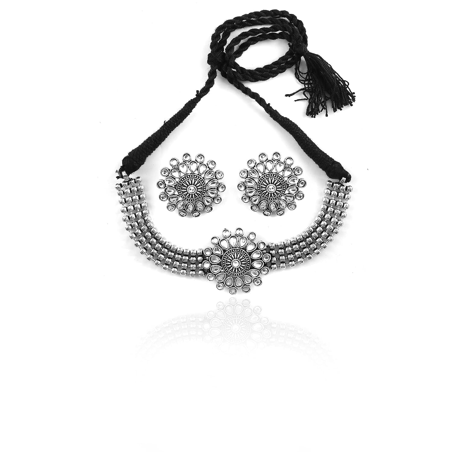 Oxidized Silver Kundan Jewelry Set for Women - Traditional Necklace & Earrings - Elegant White Kundan Set for Weddings & Parties