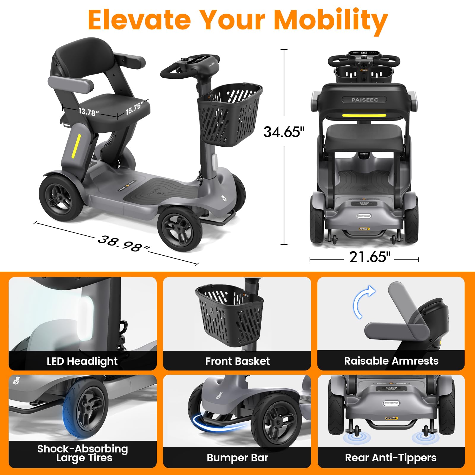 Foldable Mobility Scooter for Adults & Seniors - 25 Miles Range, 6 MPH, Lightweight Travel Scooter with Large Wheels & LED Headlight for Outdoor Use, Includes Storage Basket - Perfect for Shopping, Travel & Daily Mobility Assistance
