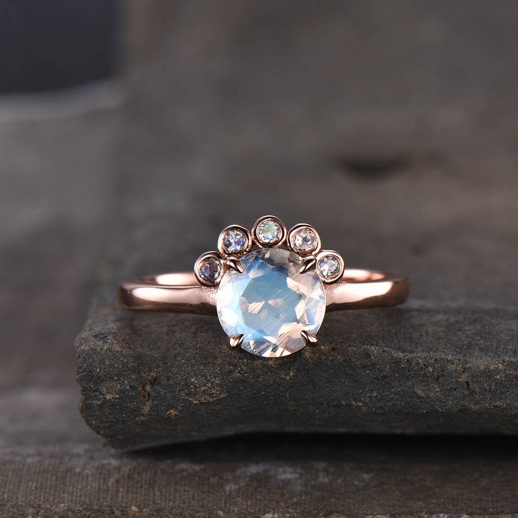 Rainbow Moonstone Engagement Ring with Floral Design - 5 Stone Vintage Style for Women - Perfect for Weddings, Proposals & Anniversary Gifts