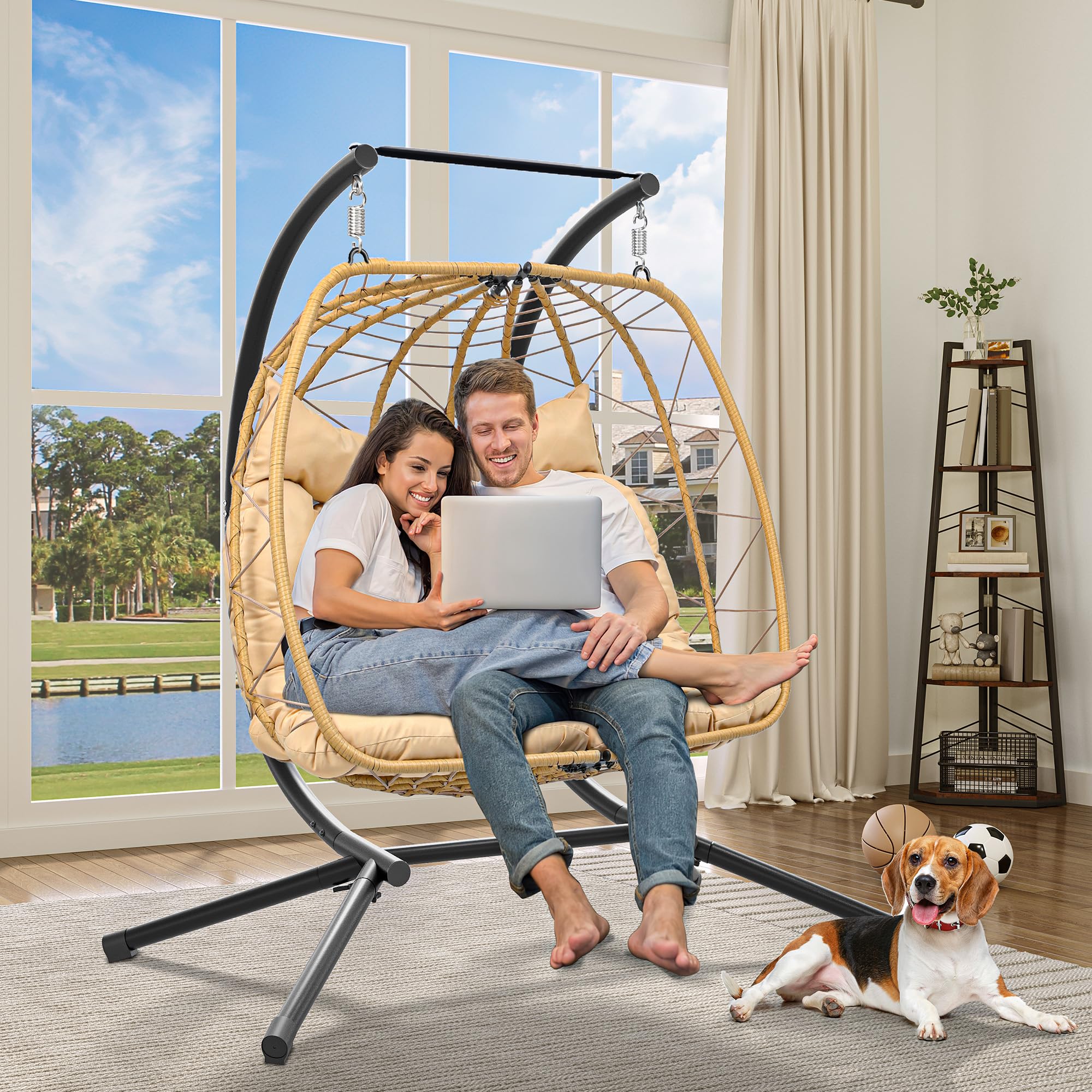 YITAHOME 2-Person Hanging Egg Chair Swing with Stand - 500lbs Capacity Wicker Hammock Chair for Outdoor & Indoor Use - Includes Cushions - Perfect for Patio, Garden, Bedroom, Balcony - Beige - Relaxation & Boho Home Decor