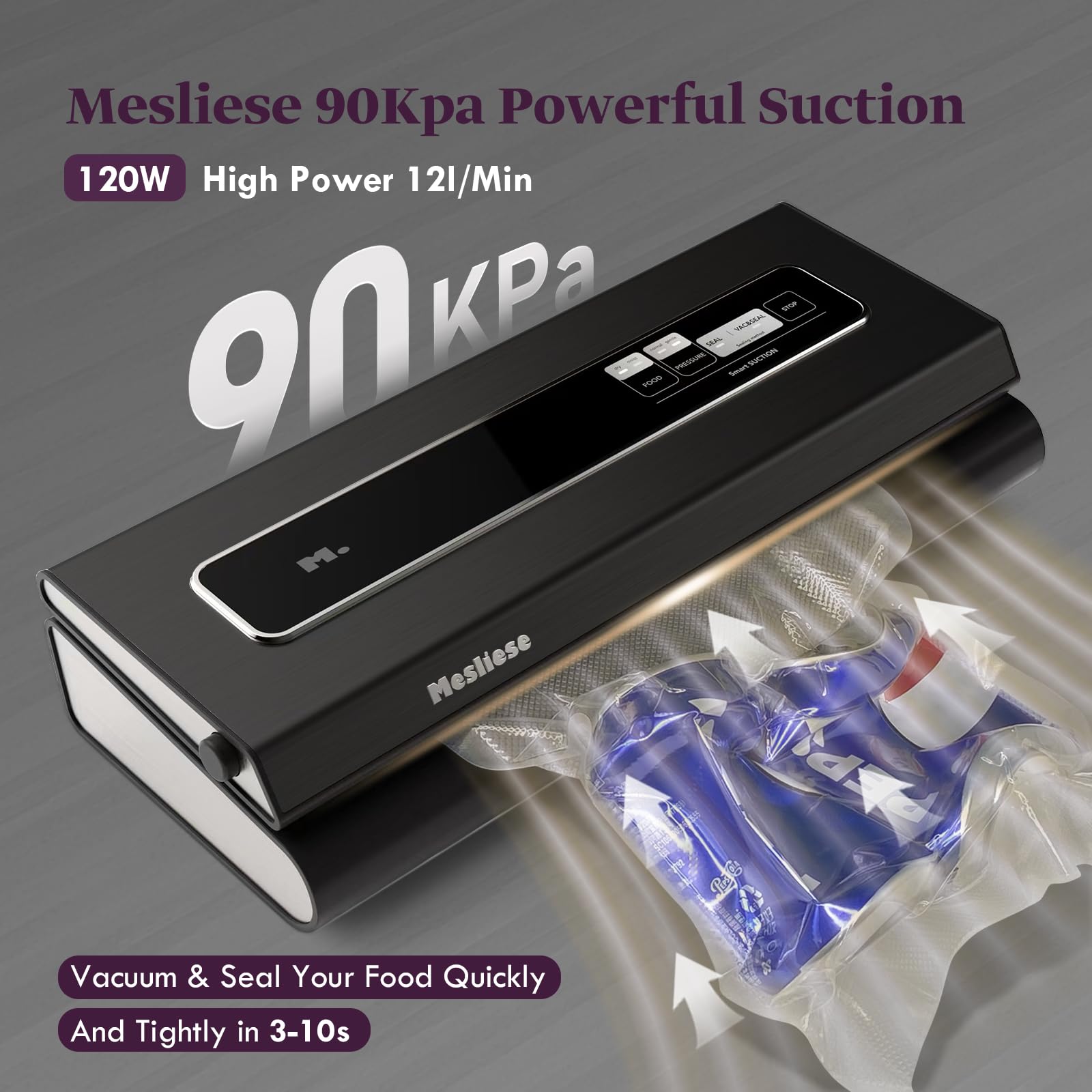 Premium 90Kpa 6-in-1 Compact Vacuum Sealer Machine for Food Preservation | Includes Cutter, 2 Bag Rolls & 5 Pre-cut Bags | Dry & Moist Modes | ETL Certified (Gray) | Perfect for Meal Prep, Sous Vide, Freezing & Long-Term Food Storage