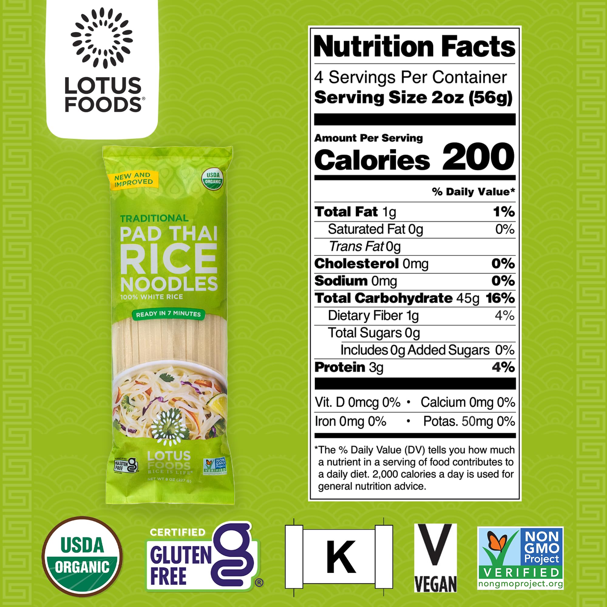 Lotus Foods Organic Pad Thai Rice Noodles - Gluten Free, Non-GMO, Whole Grain Asian Noodles - 8 Oz (Pack of 8) - Perfect for Stir-Fry, Soup & Authentic Thai Dishes