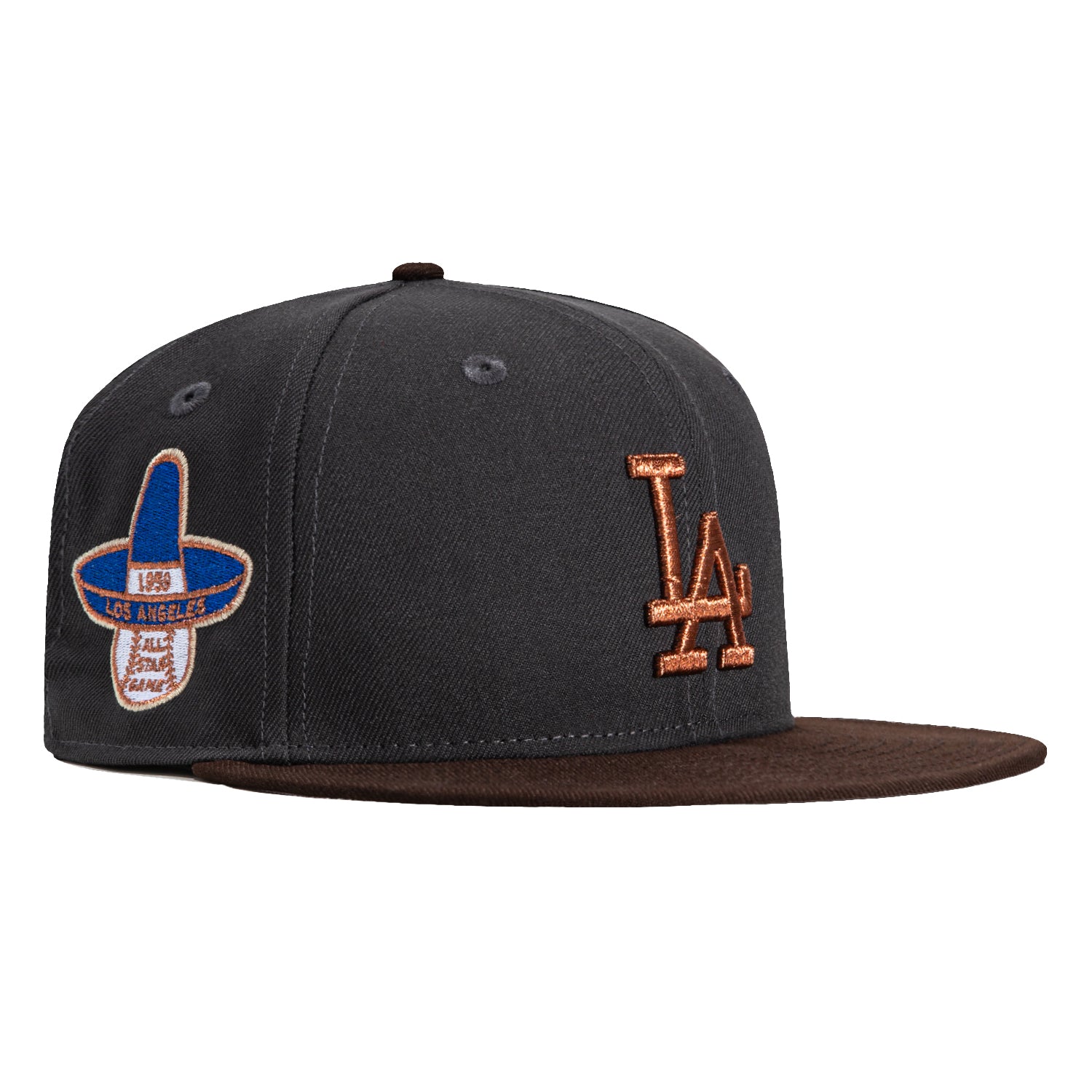 New Era 59Fifty Los Angeles Dodgers 1959 All Star Game Patch Snapback Hat - Graphite, Brown & Metallic Copper | Vintage Baseball Cap for Men & Women | Game Day, Streetwear & Sports Fan Fashion