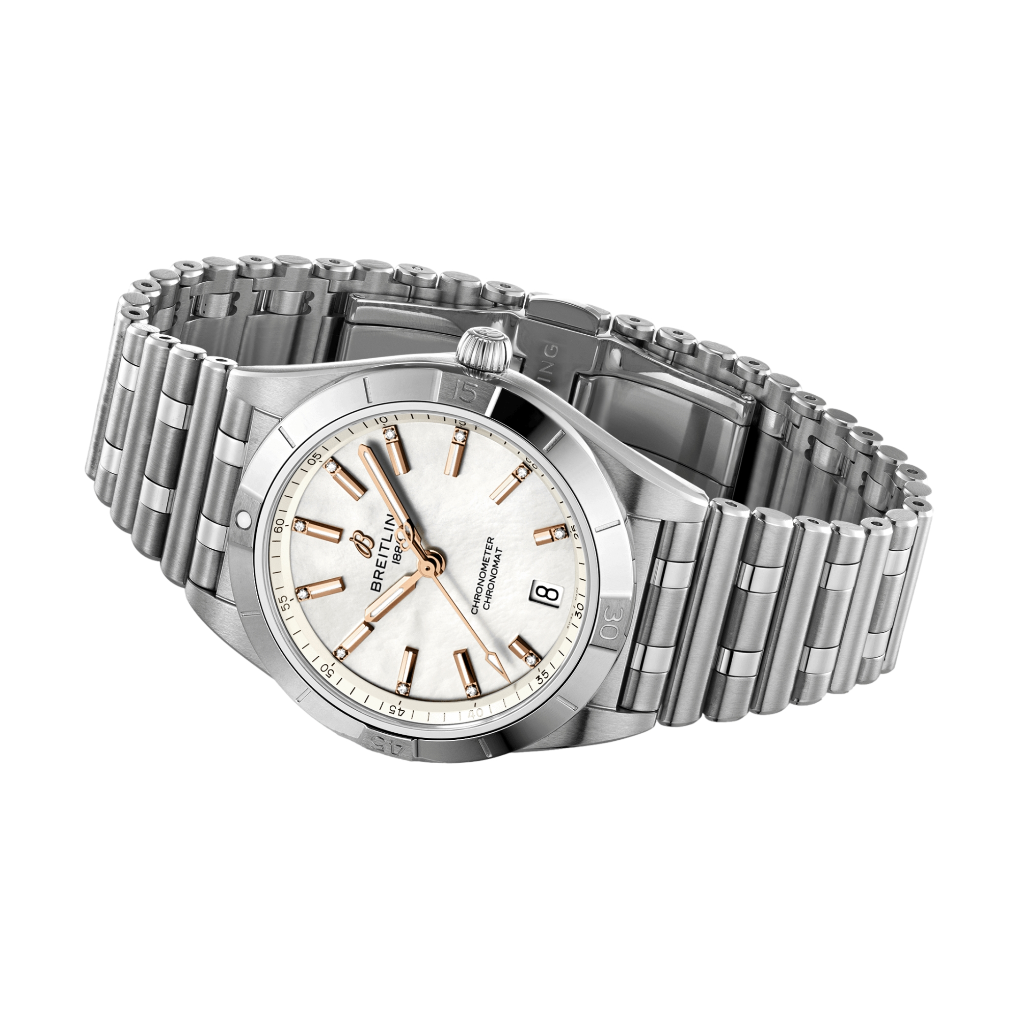 Breitling Chronomat Automatic 36mm Watch - Mother of Pearl Dial with Diamond Accents & Stainless Steel Bracelet | Luxury Women's Watch for Business, Gala & Special Occasions