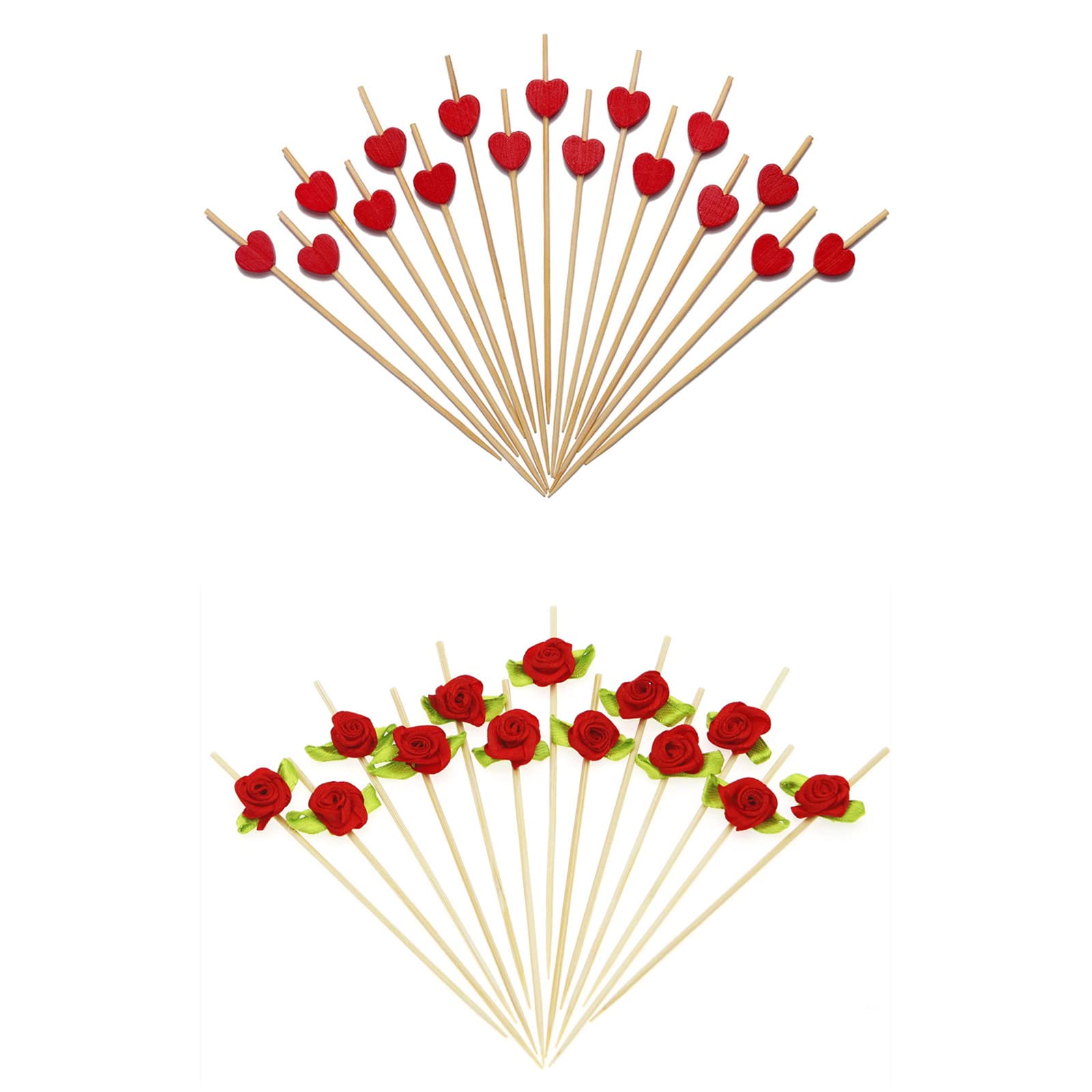 200-Pack 4.7 Inch Decorative Bamboo Toothpicks - Heart & Rose Designs for Appetizers, Cocktails, Cheese Plates & Party Decorations