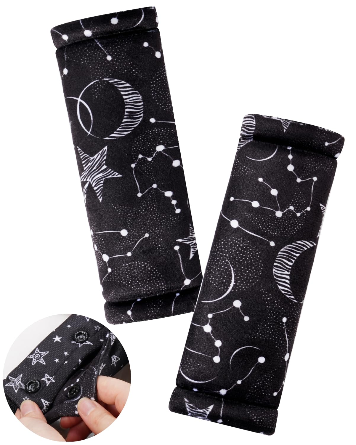 2 Pack Reversible Soft Car Seat Belt Covers for Baby & Kids - Shoulder Strap Pads, Seatbelt Cushion, Neck Protectors for Stroller, Carrier, Pushchair (Black Star) - Comfortable & Safe for Long Car Rides & Travel