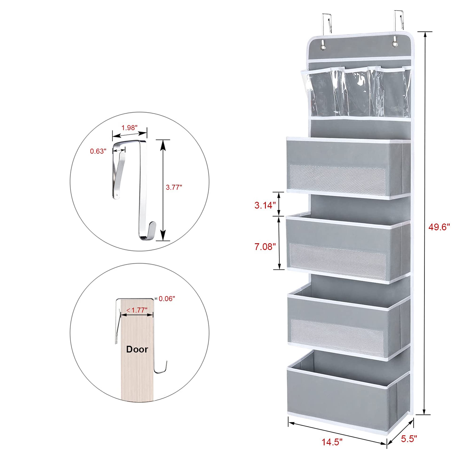 Sturdy Over The Door Hanging Organizer with Clear Pockets - Grey Wall Mounted File Storage for Home Office, Dorm Room & Closet Organization (1 Pack)