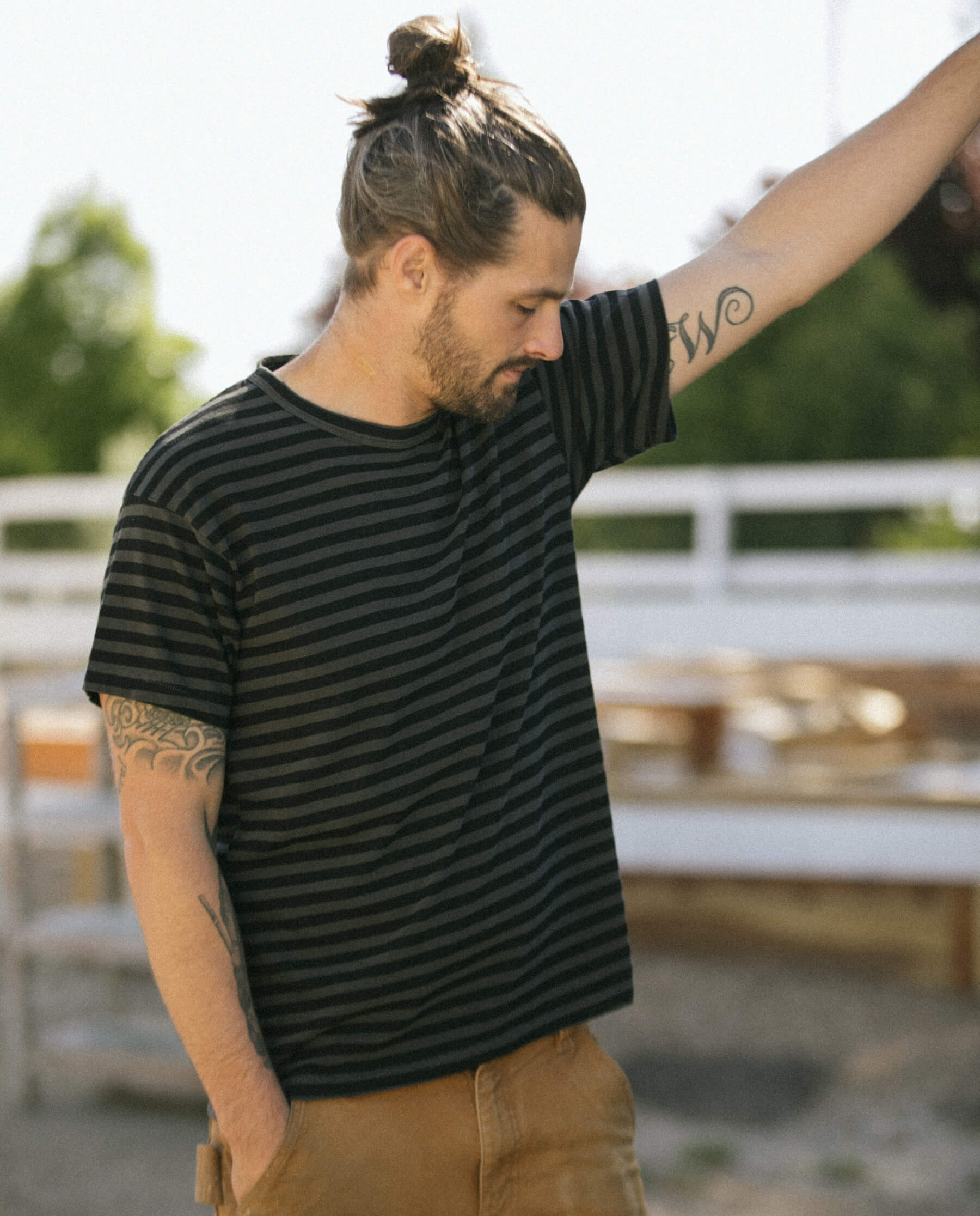 Men's Boxy Crew Neck T-Shirt - Black & Charcoal Striped Casual Shirt for Everyday Wear, Street Style & Layering