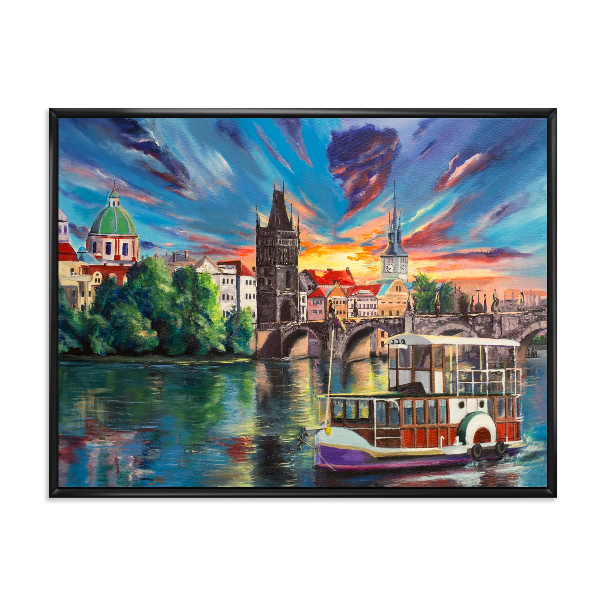 Prague Sunset Cityscape - Framed Canvas Wall Art Print for Kids' Room Decor | Modern Children's Nursery & Playroom Wall Decor