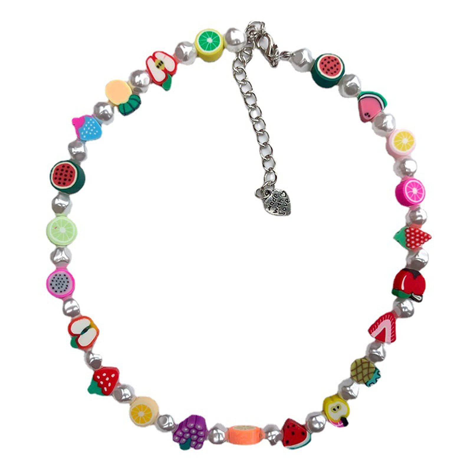 Walbest Colorful Polymer Clay Fruit Shape Choker Necklace with Faux Pearl Beads - Stylish Lucky Fruit Jewelry for Women & Girls | Perfect for Parties, Gifts & Everyday Fashion Accessories