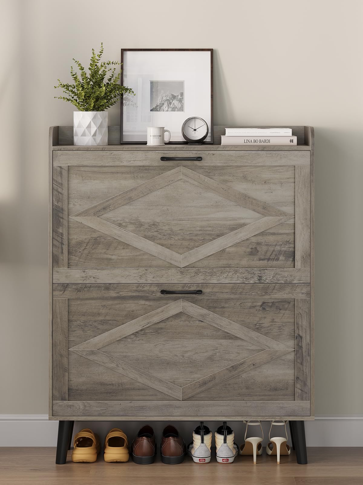 Farmhouse Narrow Shoe Storage Cabinet with 2 Flip Drawers - Slim Entryway Shoe Organizer with Wood Legs in Washed Gray | Perfect for Small Spaces, Hallways & Closet Organization